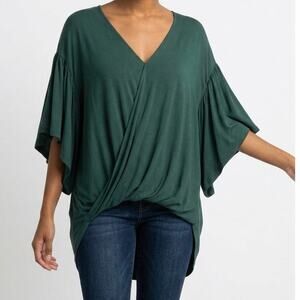 She & Sky Women's Tunic Top Size S Green Dolman Flutter Sleeve Crossover V-Neck